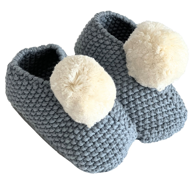 Baby Pom Pom Slippers - Blue & Natural