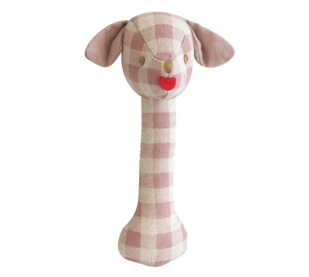 Alimrose Puppy Stick Rattle - Rose Check Linen