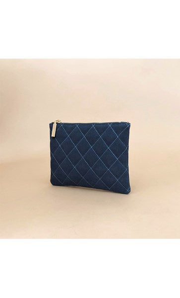 Vegan Suede Quilted Zip Top Pouch - Navy by Adorne