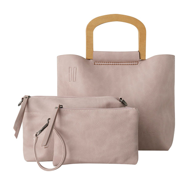 Carlota 3 Piece Tote Handbag with Wooden Handle - Pink by Black Caviar
