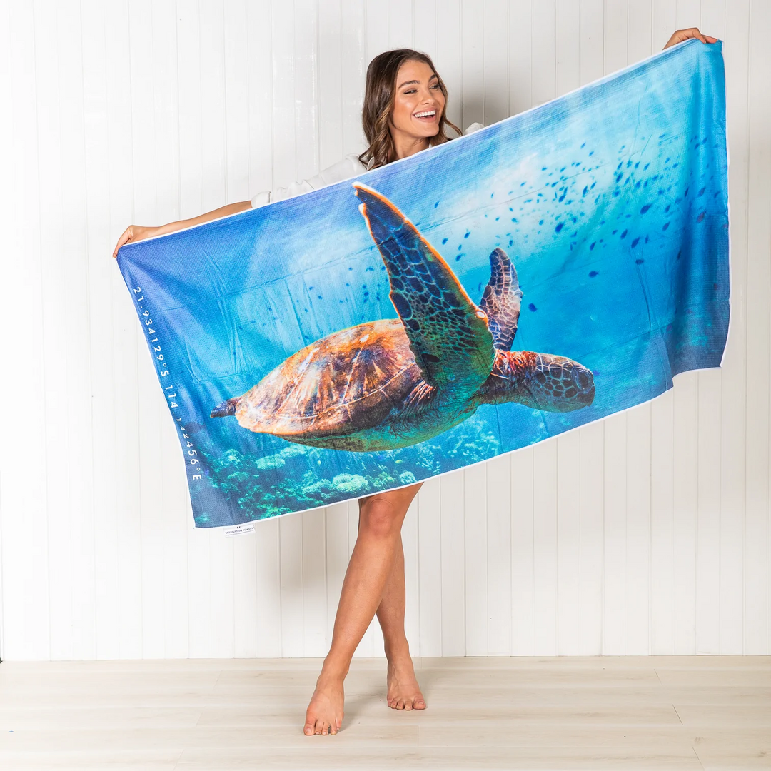 Destination Label Turtle Flight Beach Towel