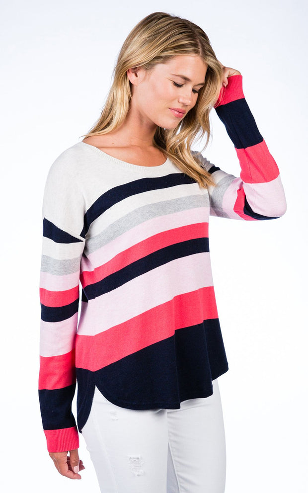 Pink Combo Cotton Cashmere Banded Curve Bottom Pullover - Medium