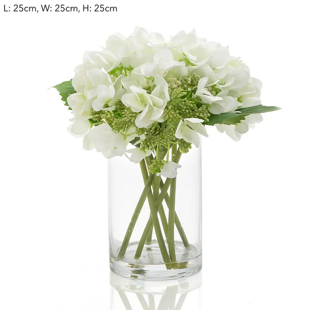 White Hydrangea in Glass Vase