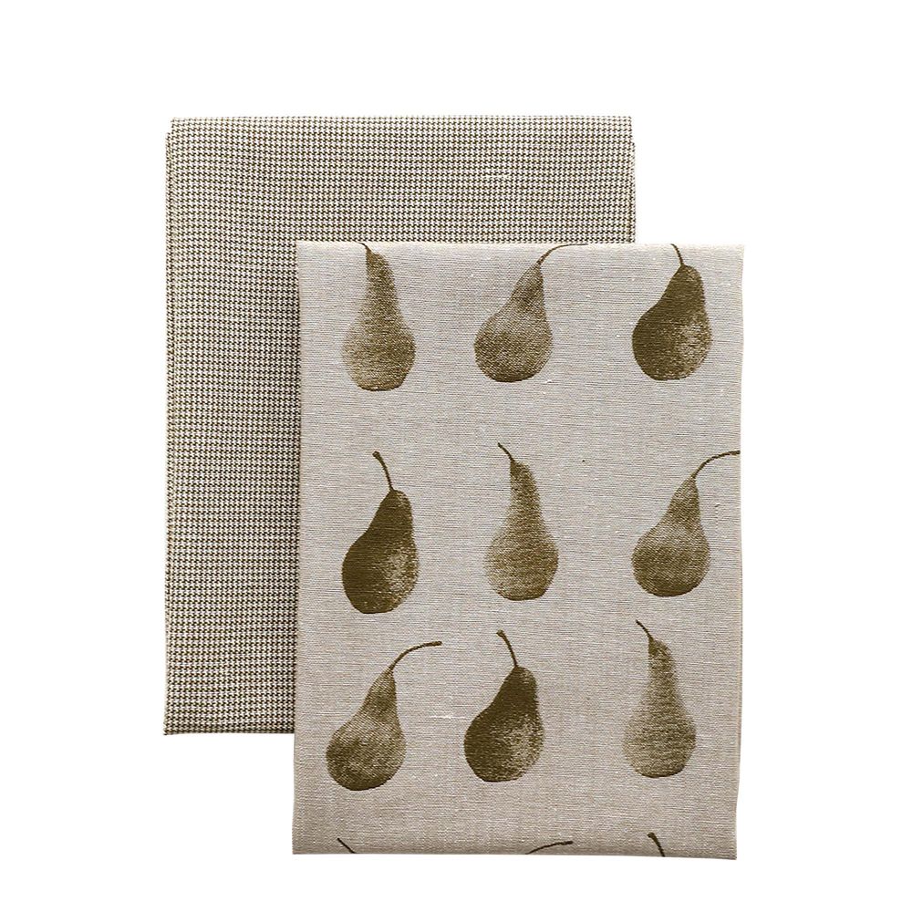 Pear Print Khaki Green Tea Towel Pack