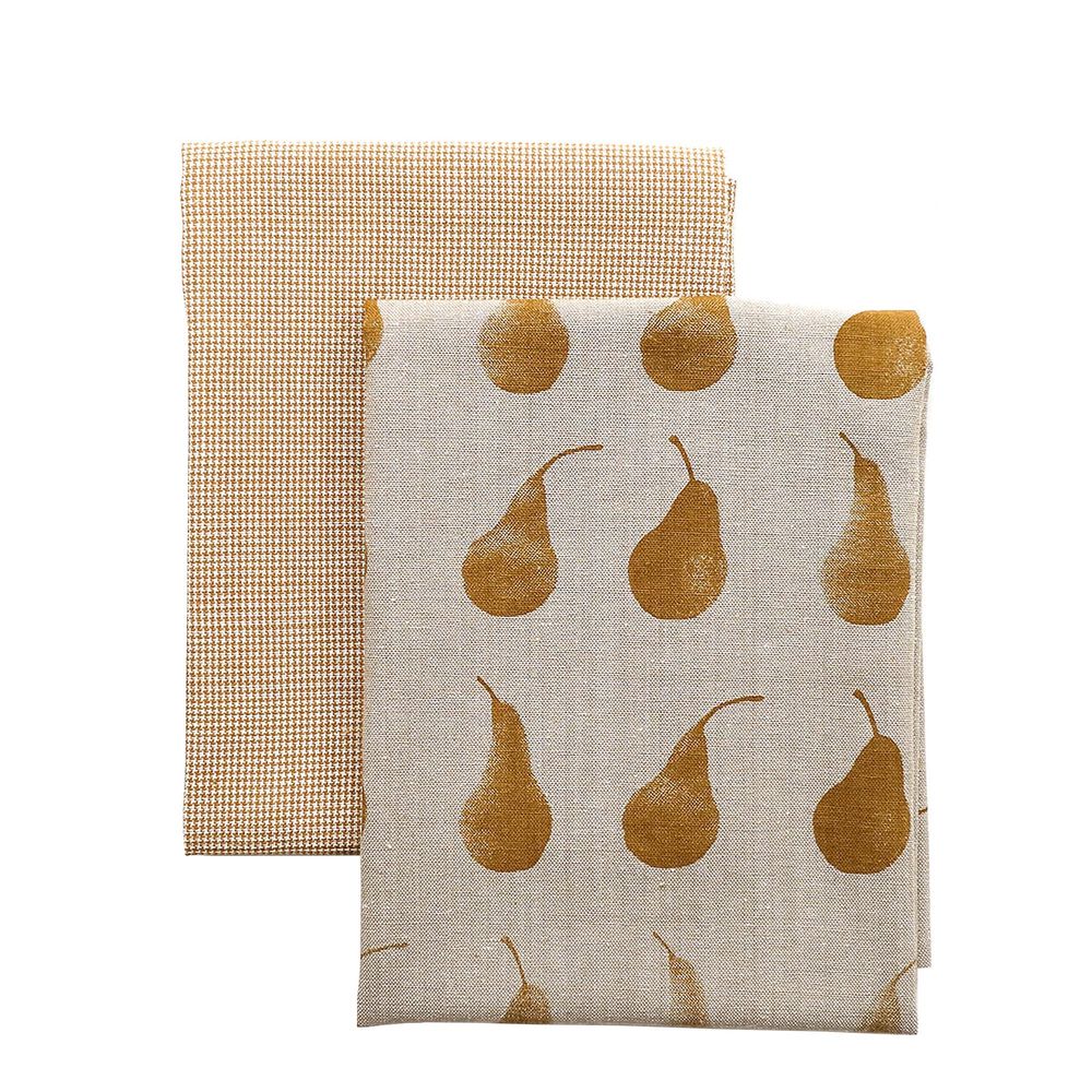 Pear Print Mustard Tea Towel Pack