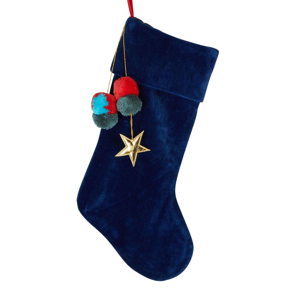 Navy Velvet Pom Pom Stocking