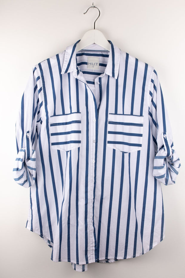Navy Stripe Cotton Poplin Boyfriend Shirt