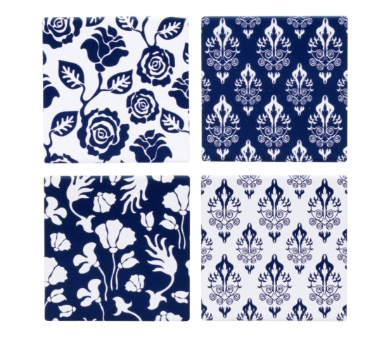 Blue & White Floral Coasters - Set of 4