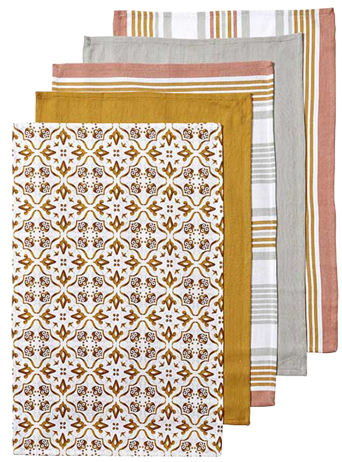 Tile Printed 5pk Tea Towel Gold