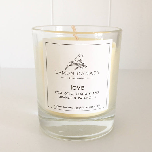 Organic Rose Otto; Ylang Ylang; Orange & Patchouli Love Candle by Lemon Canary