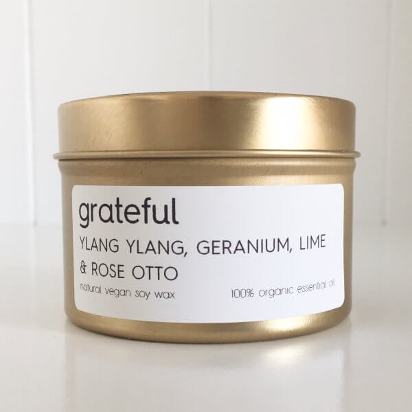 Organic Ylang Ylang; Geranium; Lime & Rose Otto Travel Tin Candle - Grateful by Lemon Canary