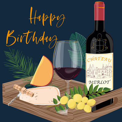 Belly Button Designs Elle Square Card - Birthday Wine & Cheese