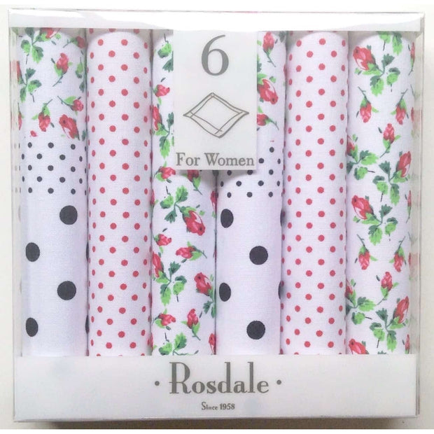 Floral & Dot Handkerchiefs - 6 Pack - Red & Black