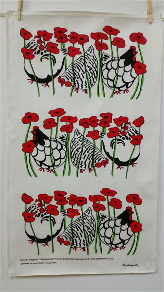 Happy Hens in Poppies Tea Towel by Rodriquez