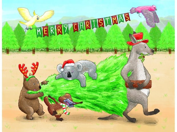 Aussie Animals Carrying Tree Christmas Card