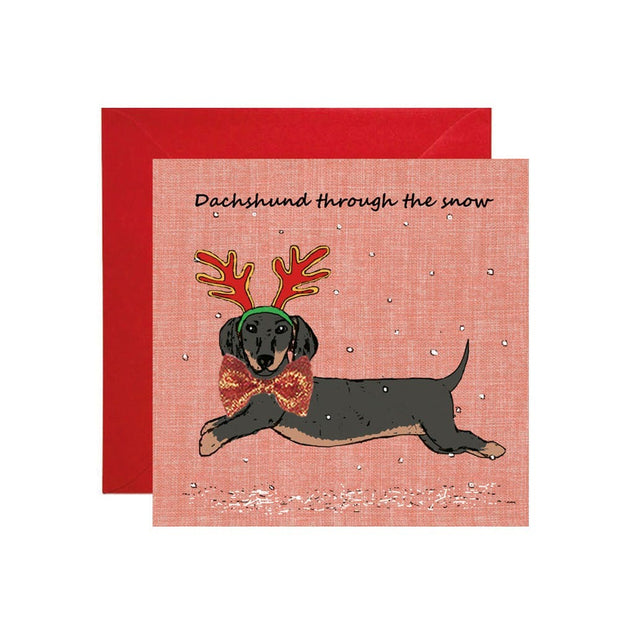 Apple & Clover Leaping Dachshund Christmas Card