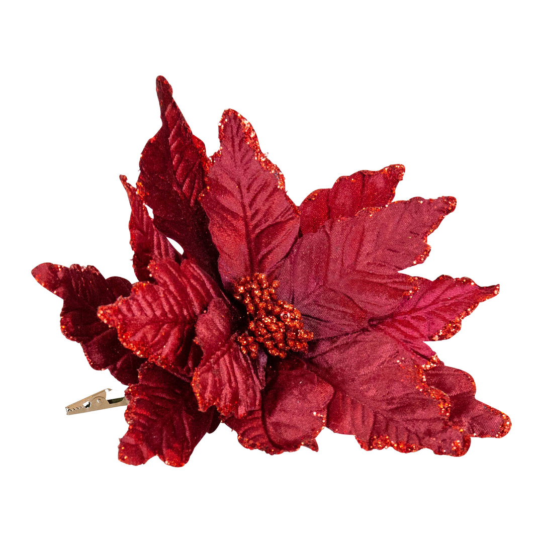 Fabric Clip On Poinsettia Burgandy Glitter