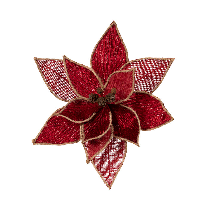 Fabric Clip On Poinsettia - Red Hessian