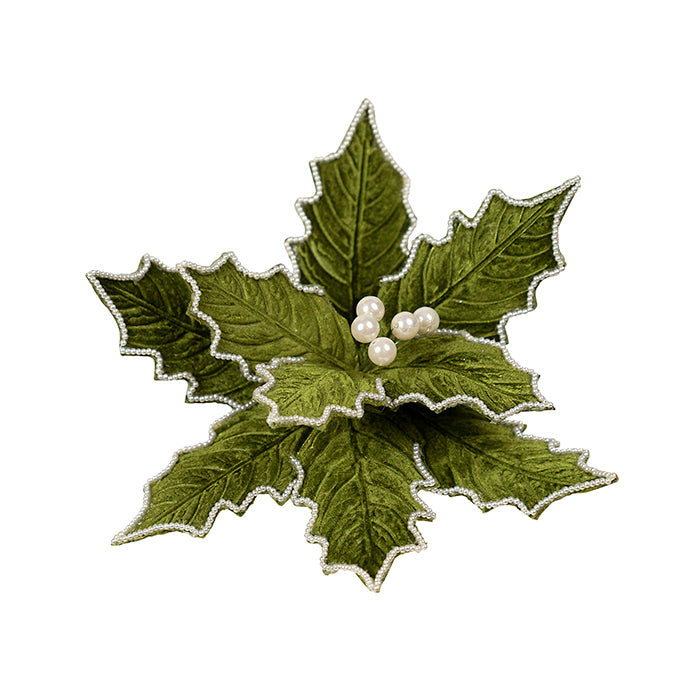 Fabric Clip On Poinsettia - Green & Pearl