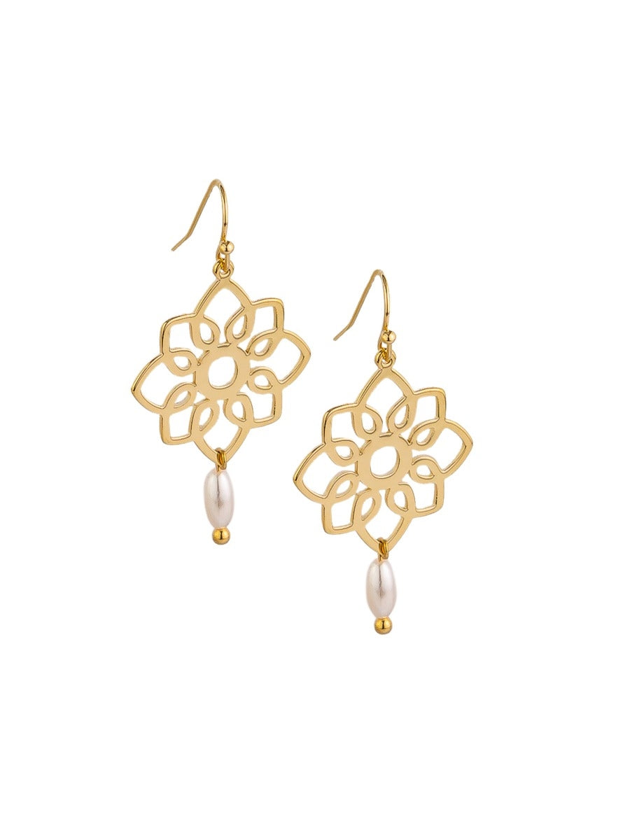 Tiger Tree Gold Open Flower & Pearl Drop Earrings