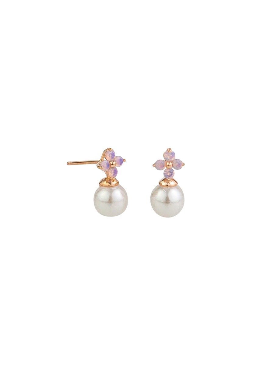 Tiger Tree Rose Crystal Flower & Pearl Stud