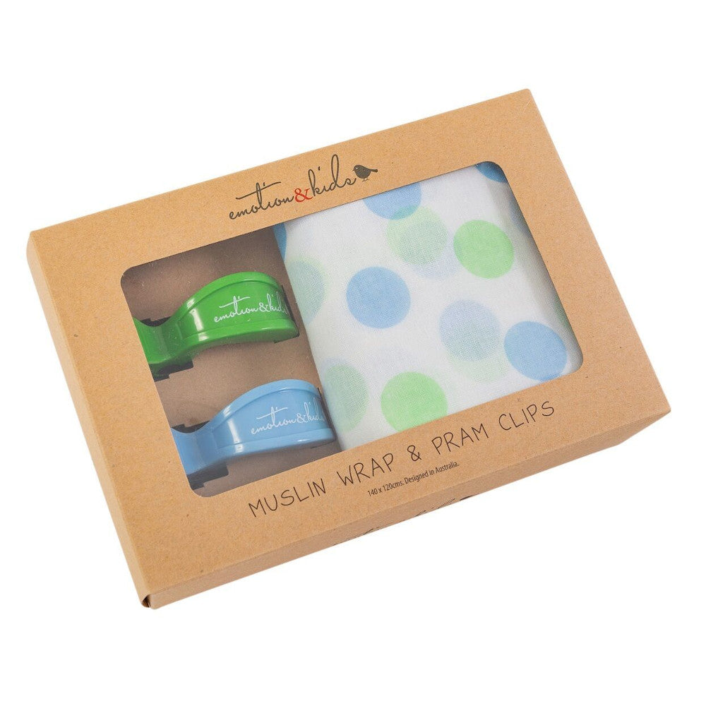 Blue Spot Muslin with Blue & Green Pram Clips Pack