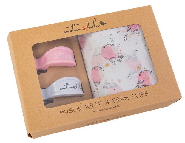 Pink Hot Air Balloon Muslin & Pink/White Pram Clips Pack