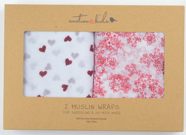 Japanese Blossom & Red Hearts Muslin 2 Pack