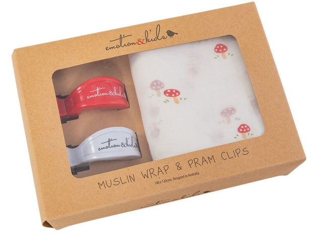 Mushroom Muslin & Red/White Pram Clips Pack