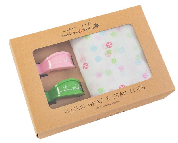 Button Muslin & Pink/Green Pram Clips Pack