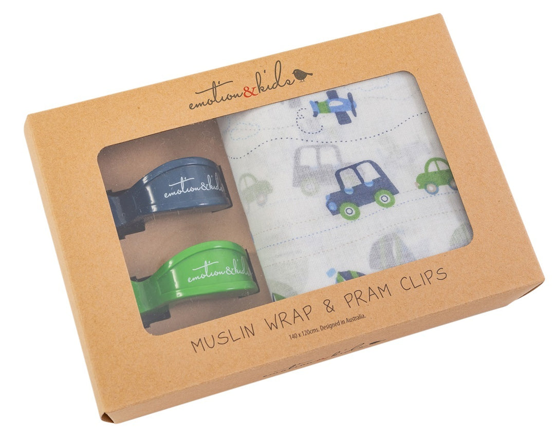 Transport Muslin & Navy/Green Pram Clips Pack