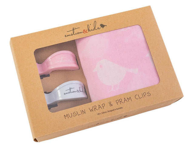 Pink Bird Muslin & Pink/White Pram Clips Pack