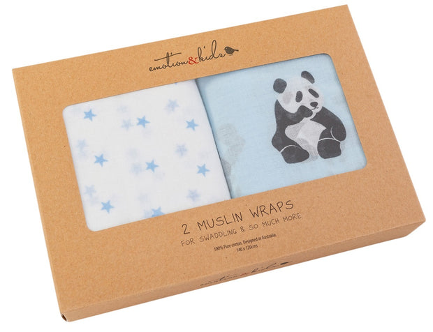 Panda & Blue Star Muslin Wraps - 2 Pack