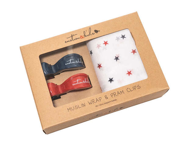 Red Navy Star Muslin Wrap & Red and Navy Pram Clip Pack