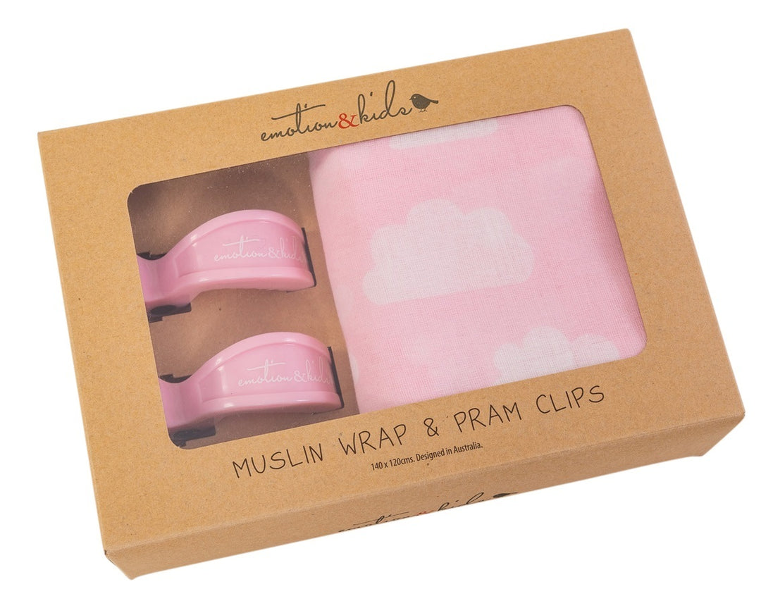 Pink Clouds Muslin Wrap & Pink Pram Clip Pack