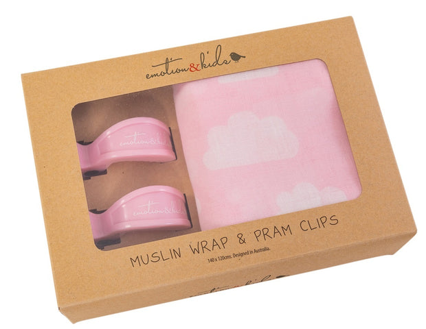 Pink Clouds Muslin Wrap & Pink Pram Clip Pack