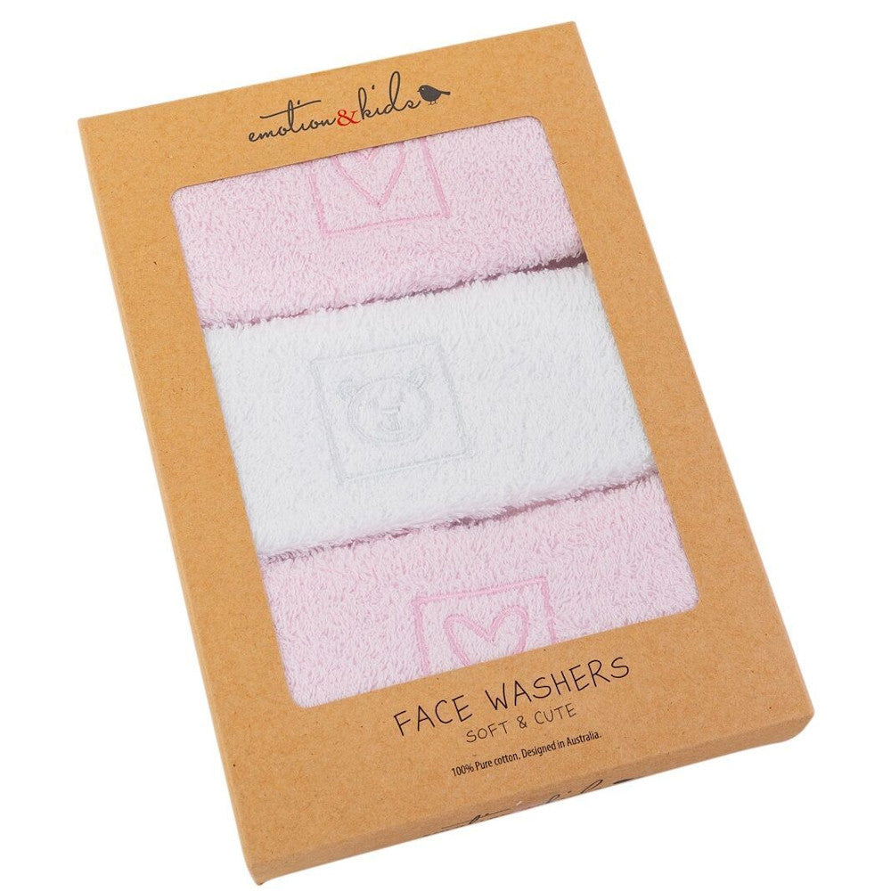 Pink Hearts & Teddy 3pk Facewashers