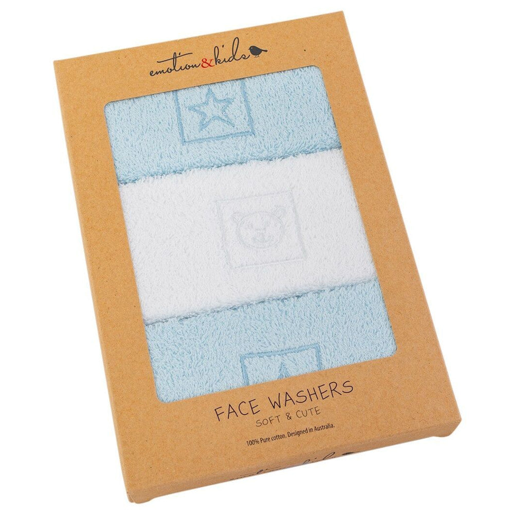 Blue Stars & Teddy 3pk Facewashers