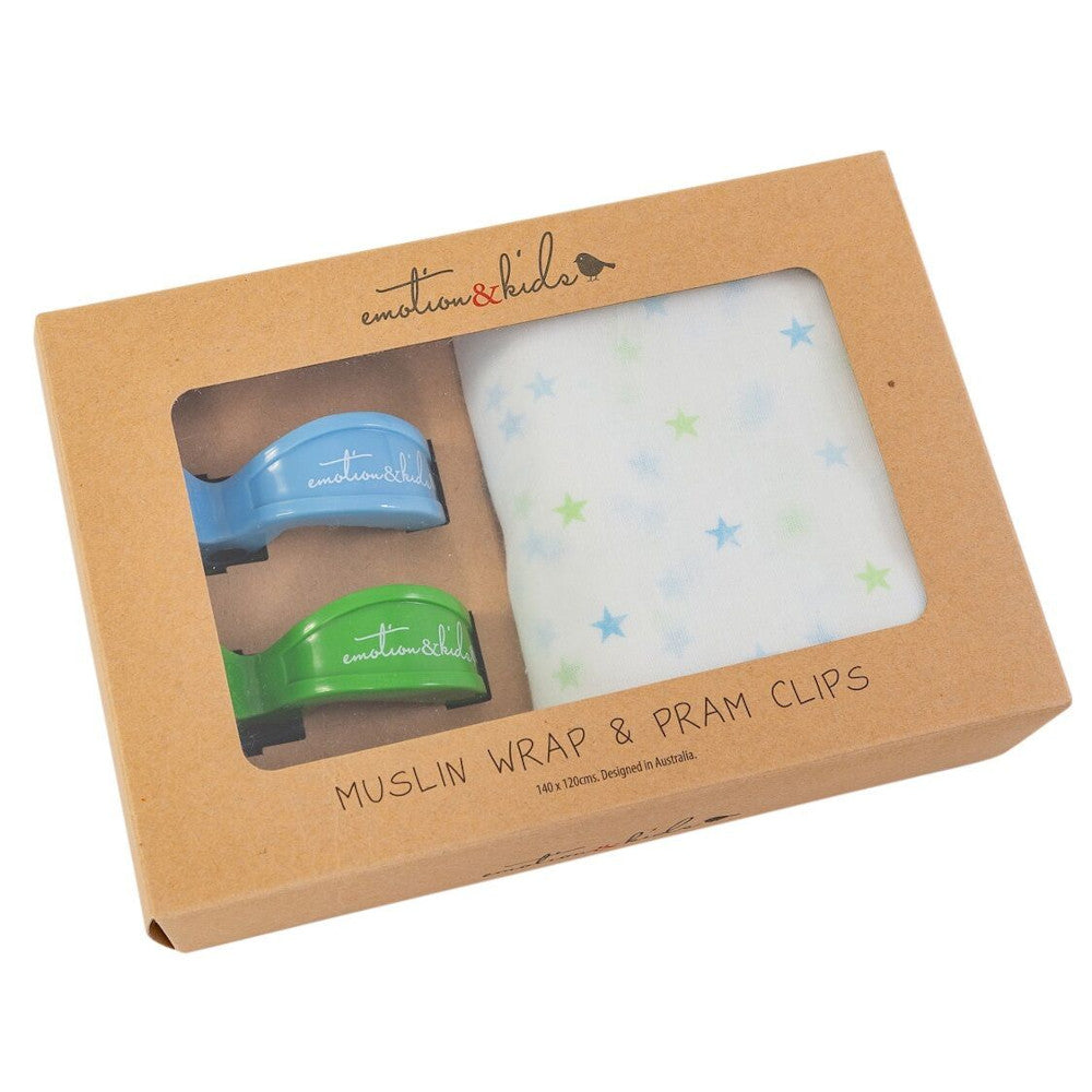 Blue Star Muslin & Blue/Green Pram Clips Pack