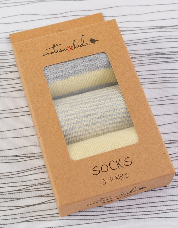 Lemon & Grey Stripped 3 Pack Socks 0-3 months