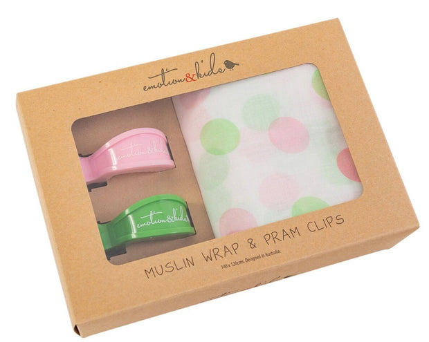 Pink & Green Gelati Spot Muslin with Pink & Green Pram Clips Pack