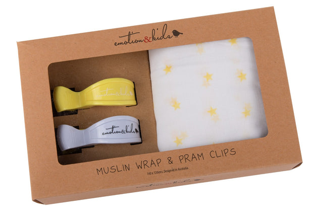 Yellow Star Muslin with Pink & White Pram Clips Pack