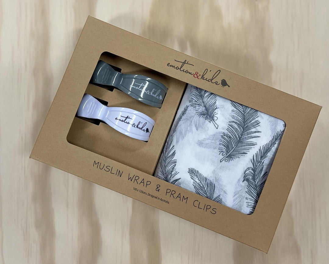 Grey Feather Muslin with Grey & White Pram Clips Pack