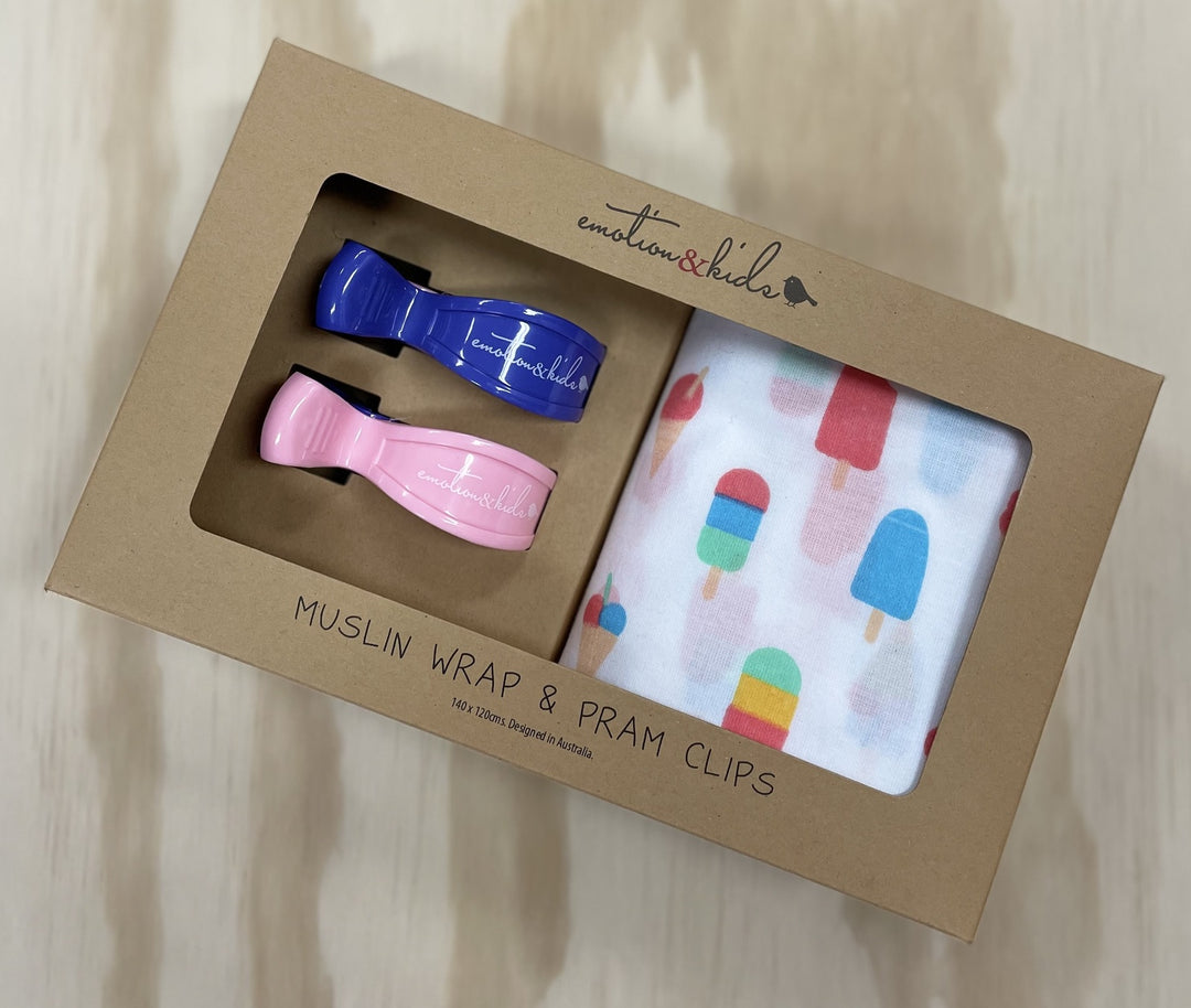 Icecream Muslin with Pink & Purple Pram Clips Pack