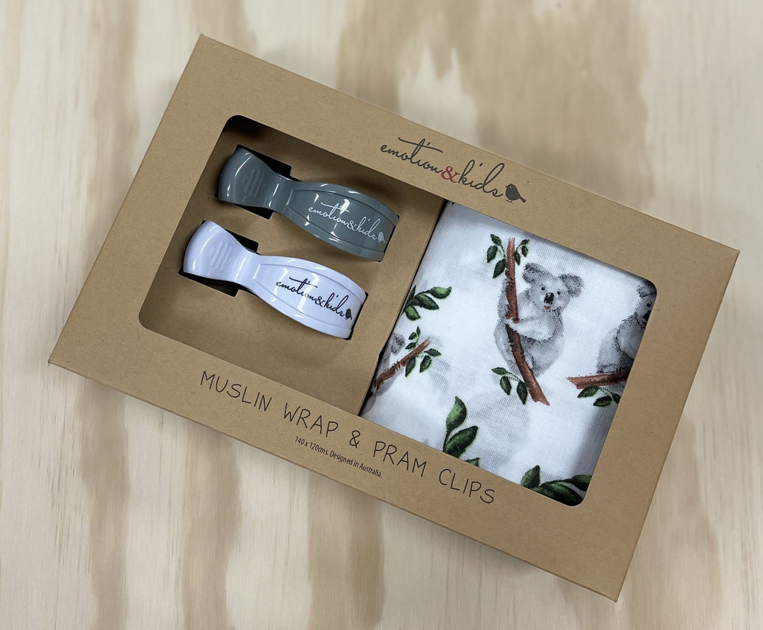 Koala Muslin with Grey & White Pram Clips Pack