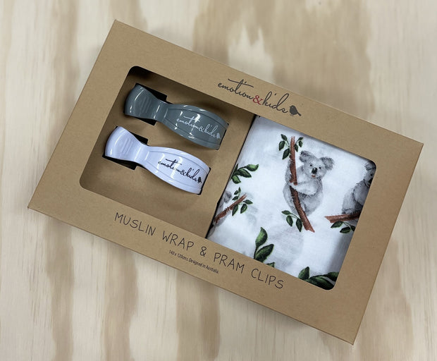 Koala Muslin with Grey & White Pram Clips Pack