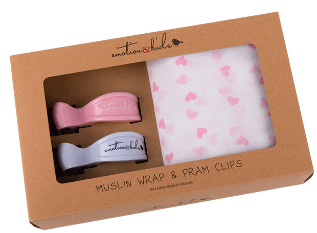 Pink Heart Muslin with Pink & White Pram Clips Pack