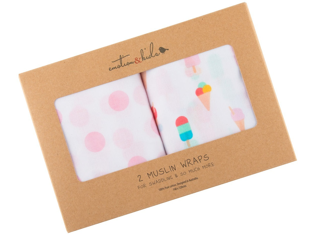 Ice Cream & Pink Spot Muslin Wrap 2 Pack