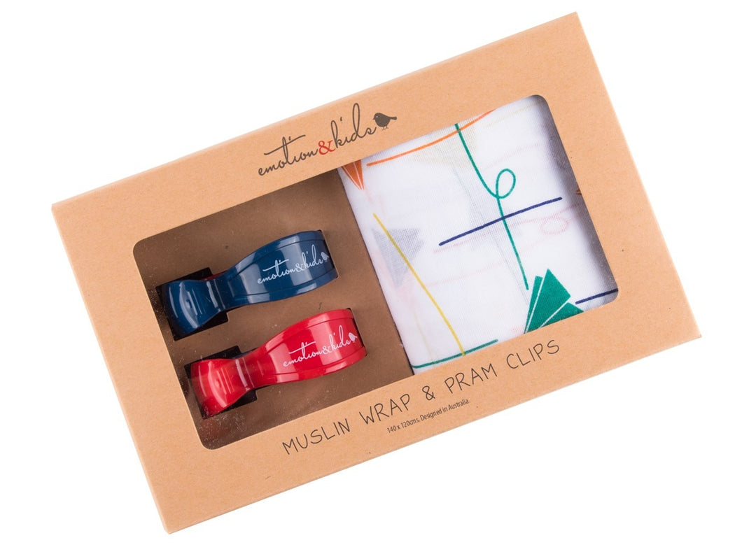 Paper Aeroplane Muslin with Navy & Red Pram Clips