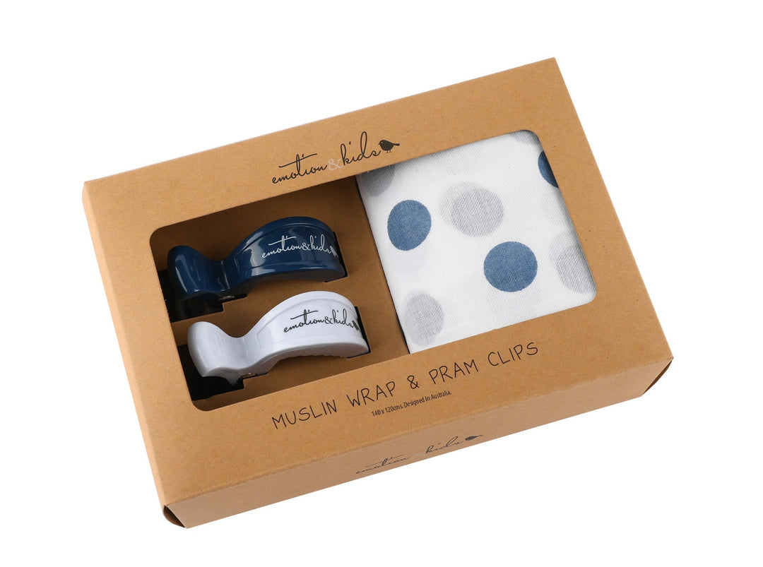 Midnight Blue Spot Muslin & Navy/White Pram Clips Pack